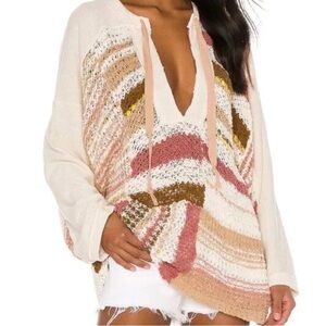 Free People V-Neck Sweater in Cream, Pink, and Brown